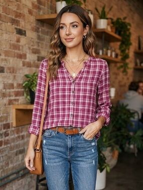 Aventura Organic Cotton Maroon Plaid Long Sleeve Button-Down Shirt Western Boho